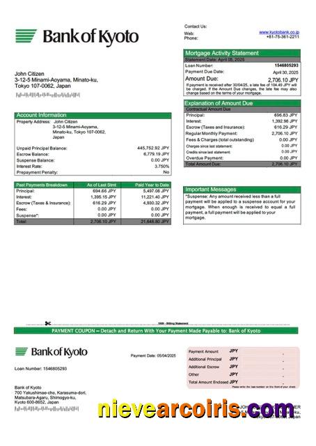 Japan Bank of Kyoto mortgage statement Word and PDF template